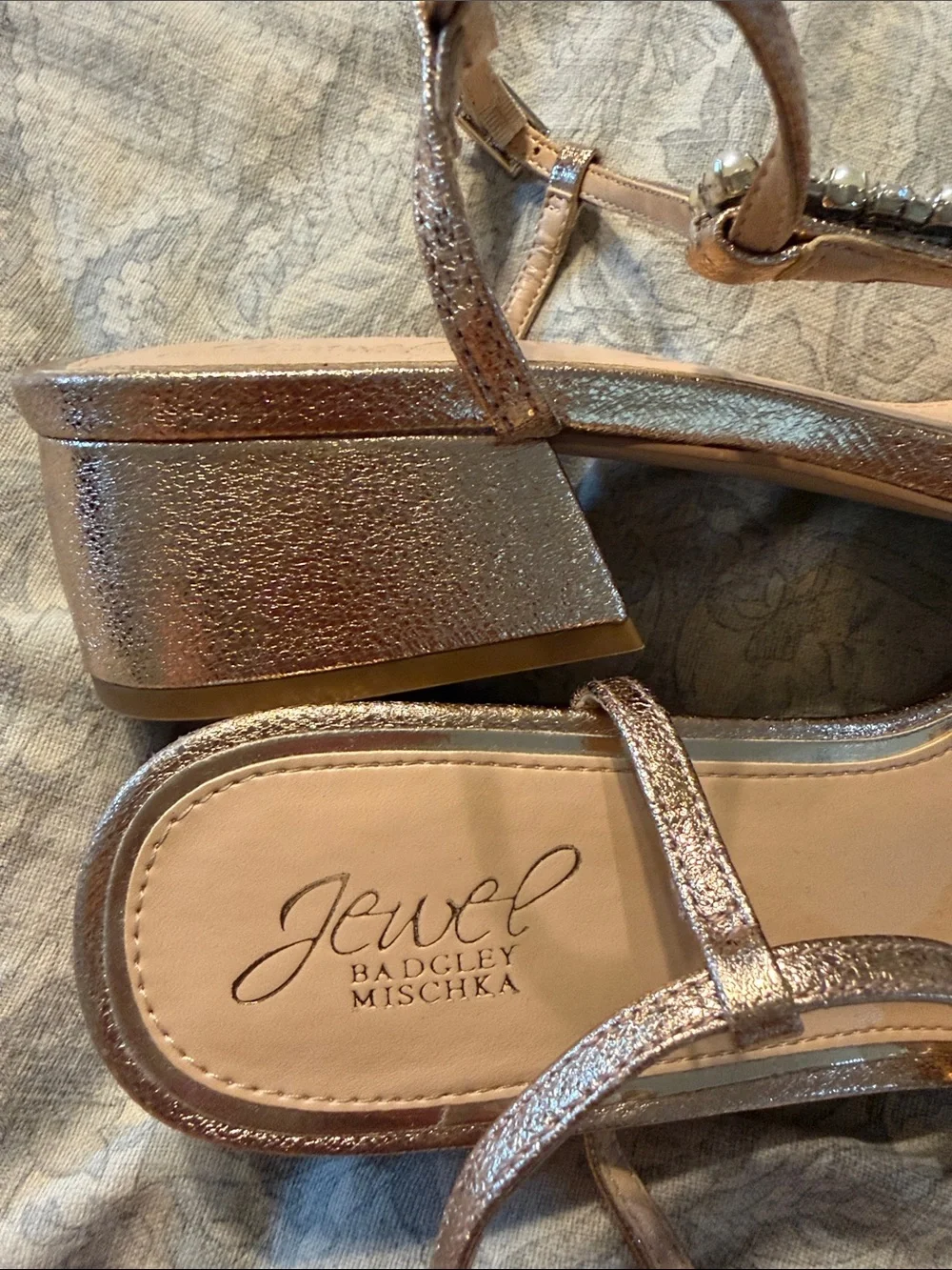 Badgley Mischka Rose Gold Jeweled T-Strap Sandals